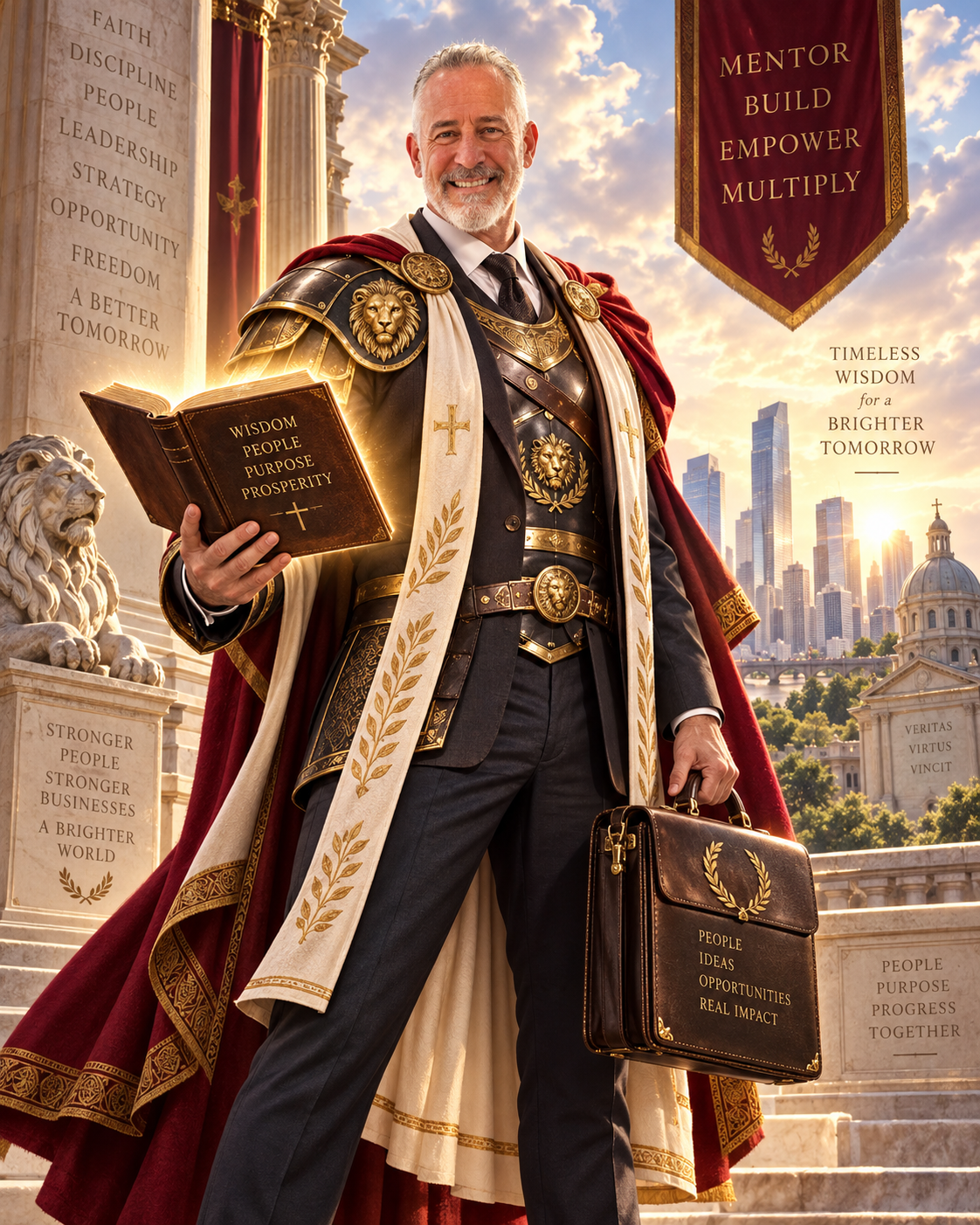 Illustrated portrait of Doug Sewell holding a book, surrounded by themes of people, purpose, and mentorship.
